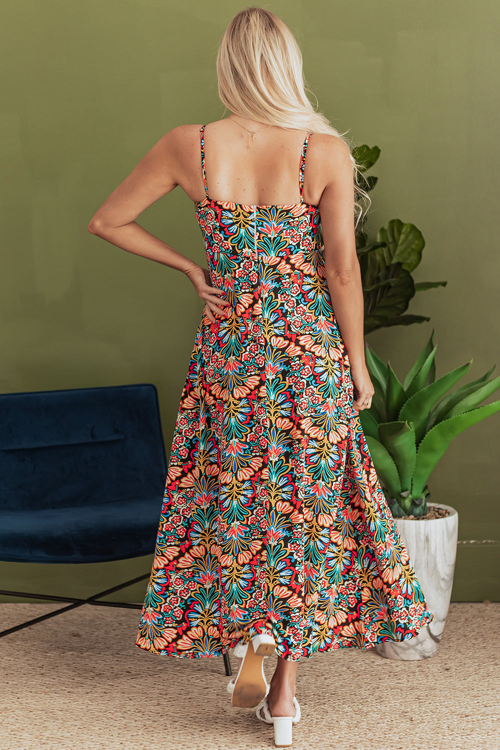 Boho Floral Print Thin Straps High Waist Maxi Dress