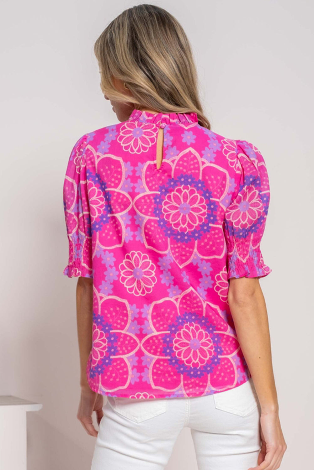 Pink Floral Print Frilled Neck Smocked Puff Sleeve Blouse