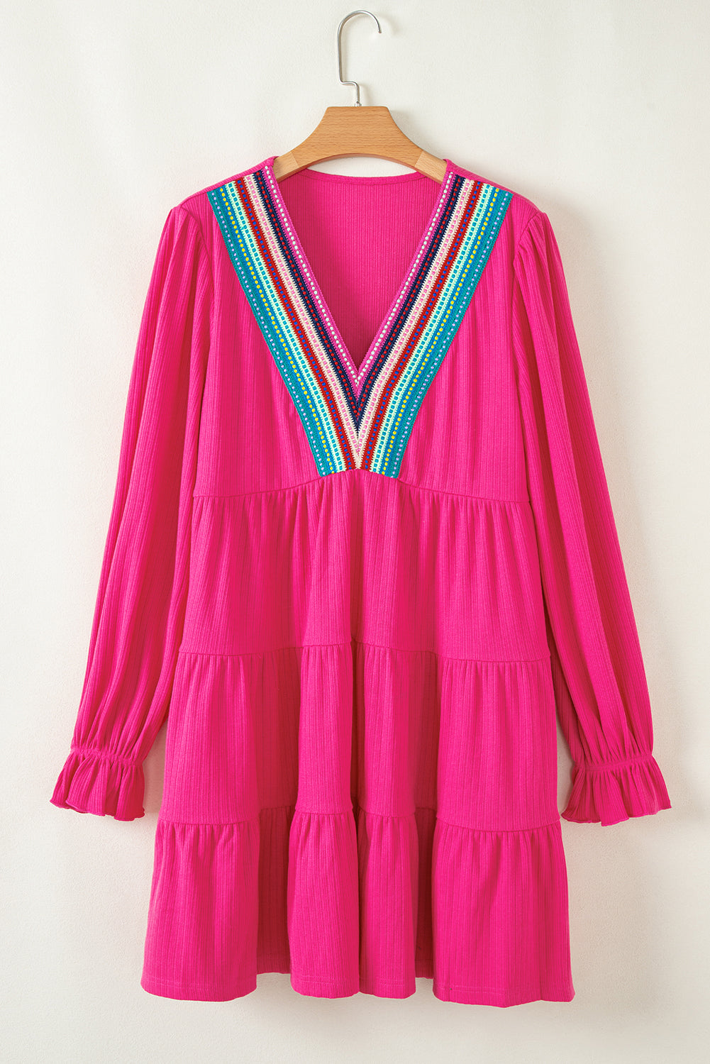 Pink Crochet V Neck Tiered Ruffled Mini Dress