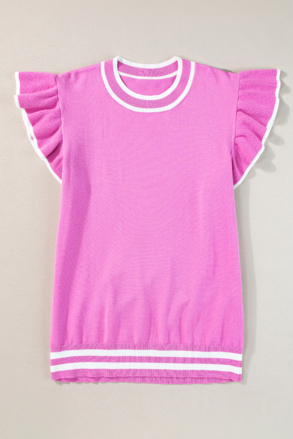 Edge Piping Ruffled Sleeve Round Neck Knit Shirt