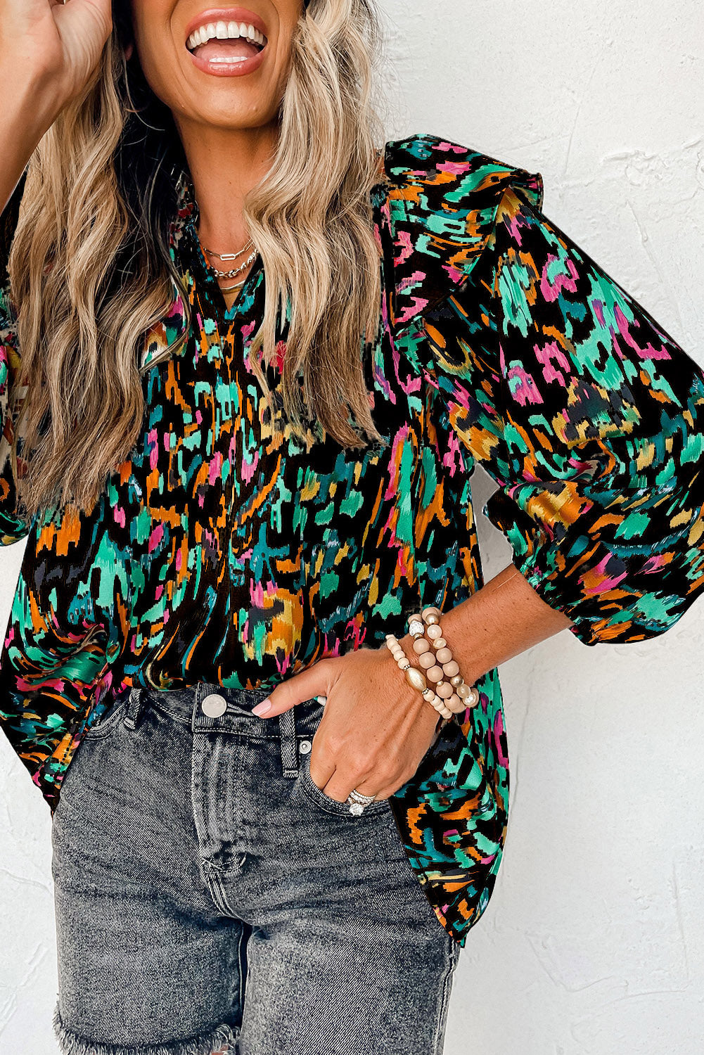 Color Me Happy Abstract Print 3/4 Puff Sleeve Ruffle Blouse