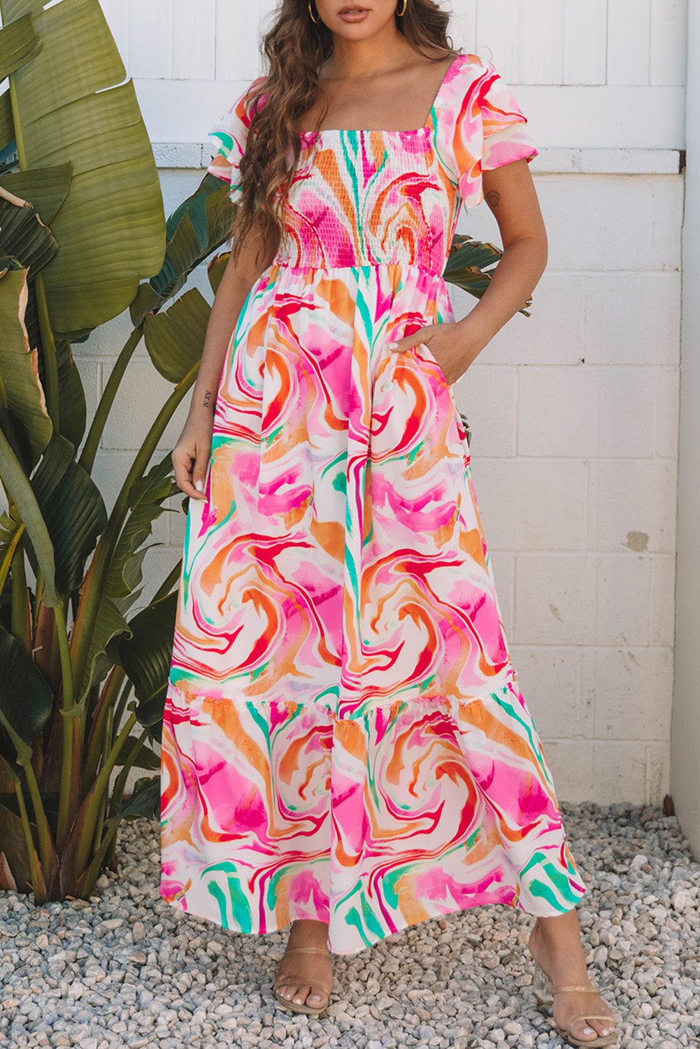 Pink Abstract Print Ruffled Sleeve Smocked Maxi Dress