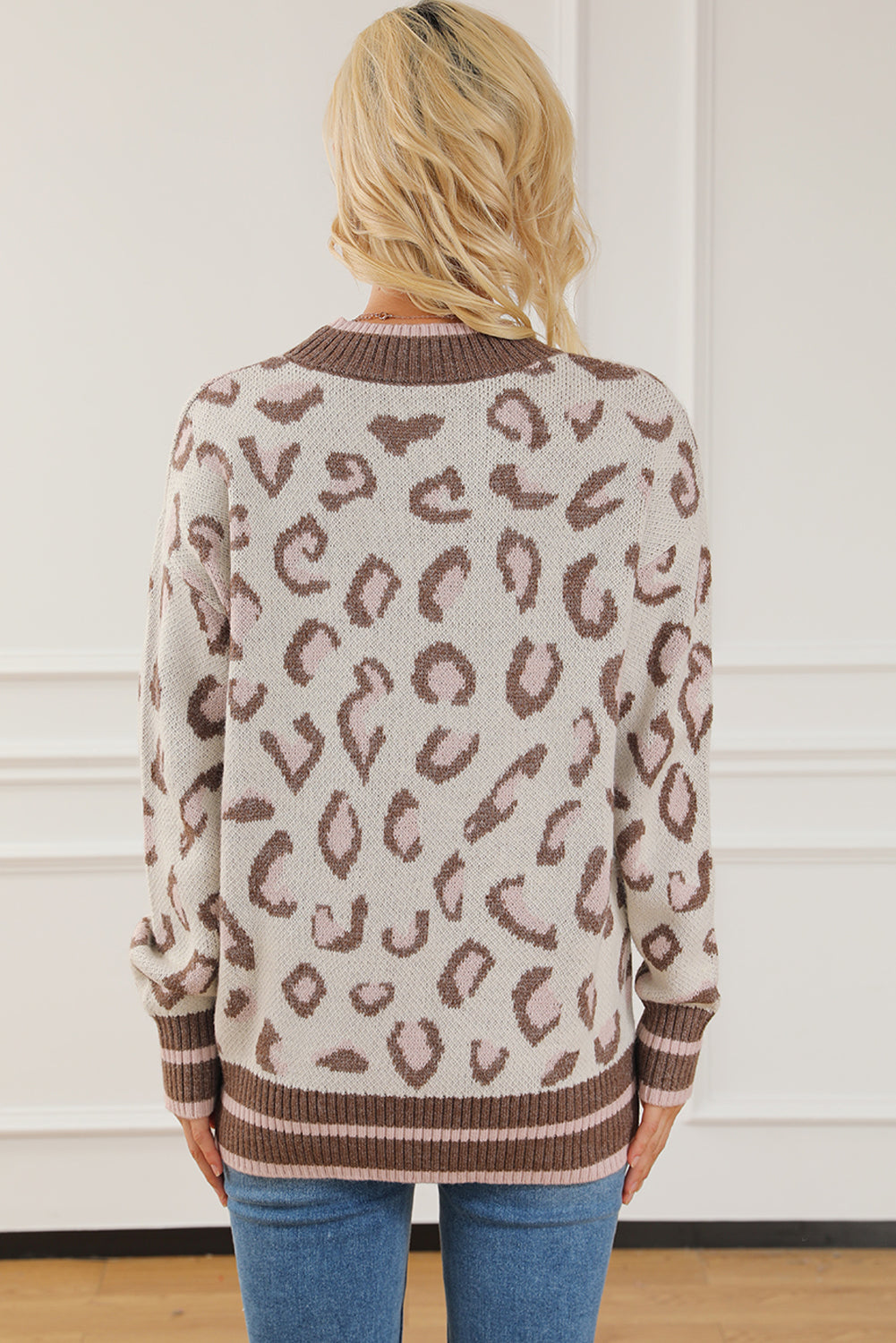 Brown Two-tone Ribbed Trim Leopard Sweater