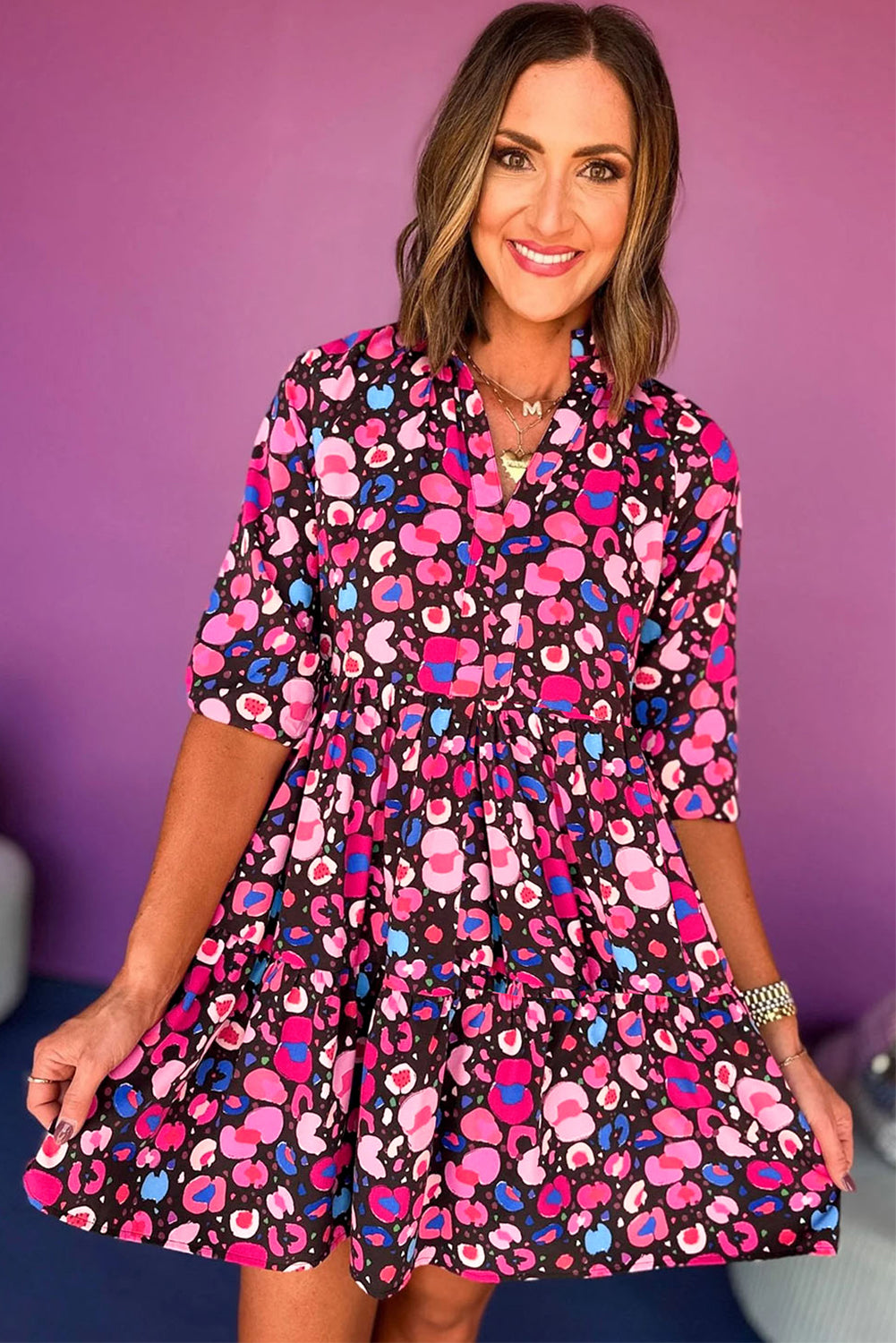 Pink Abstract Print V Neck Collared Half Sleeve Short Dress
