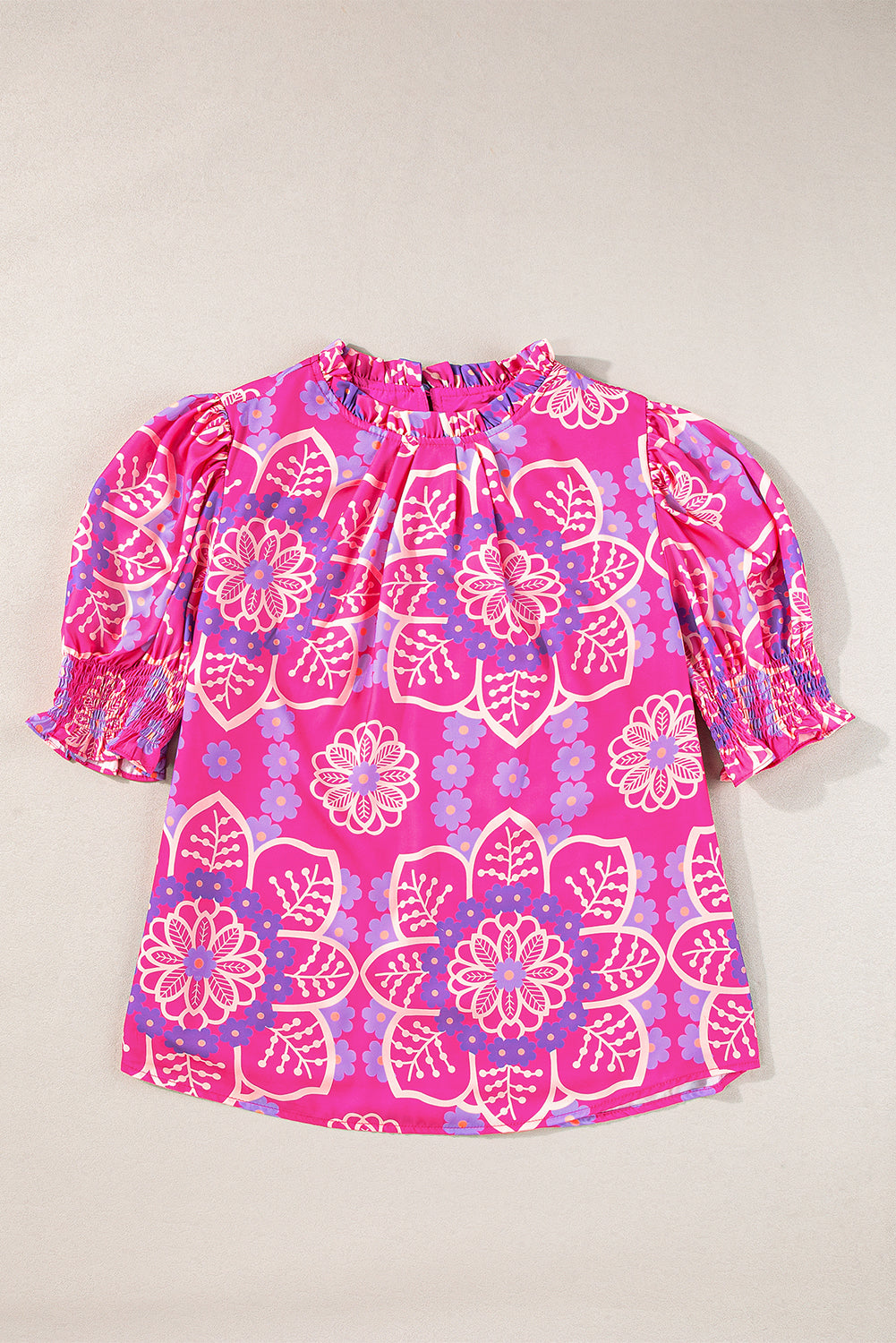 Pink Floral Print Frilled Neck Smocked Puff Sleeve Blouse