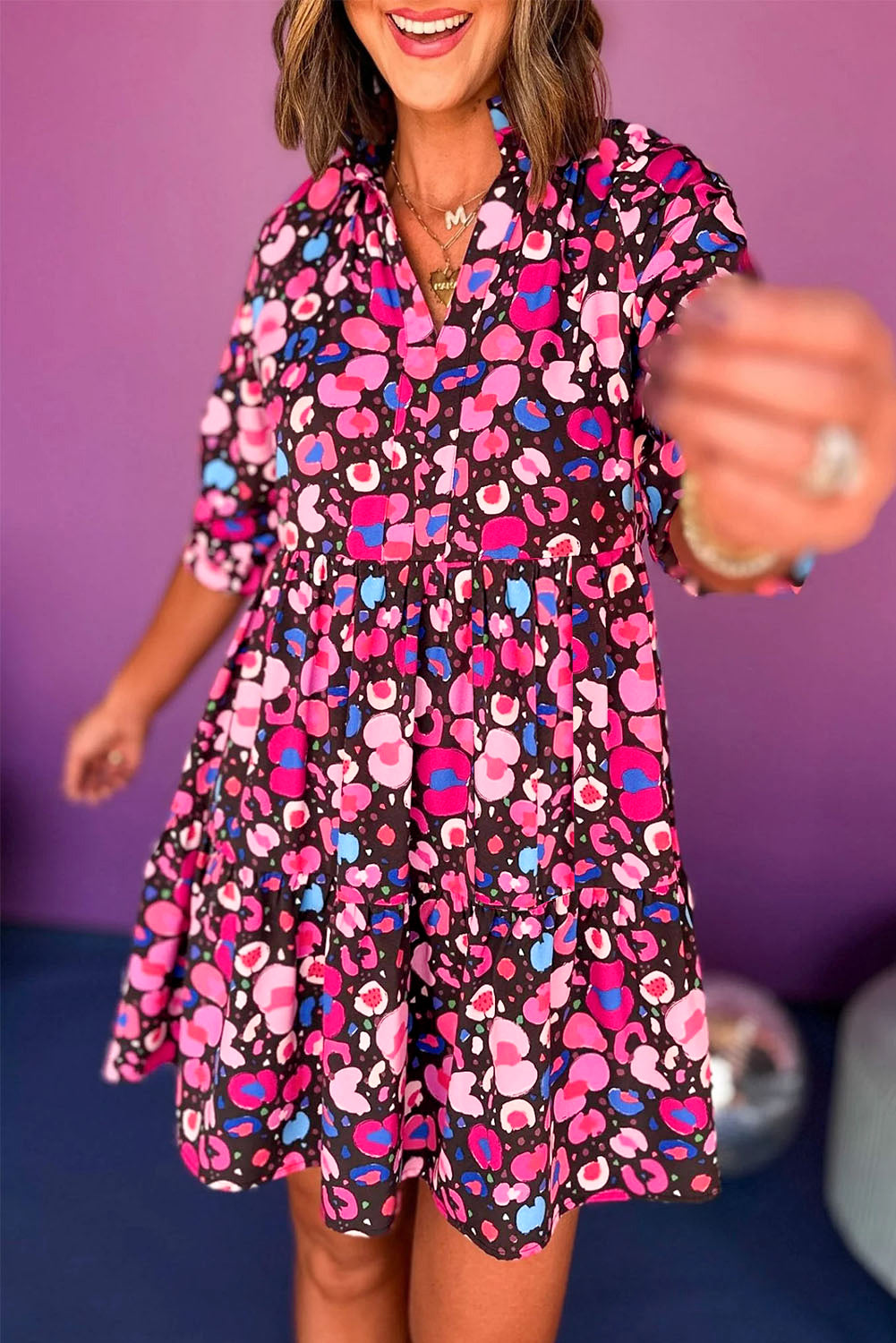 Pink Abstract Print V Neck Collared Half Sleeve Short Dress