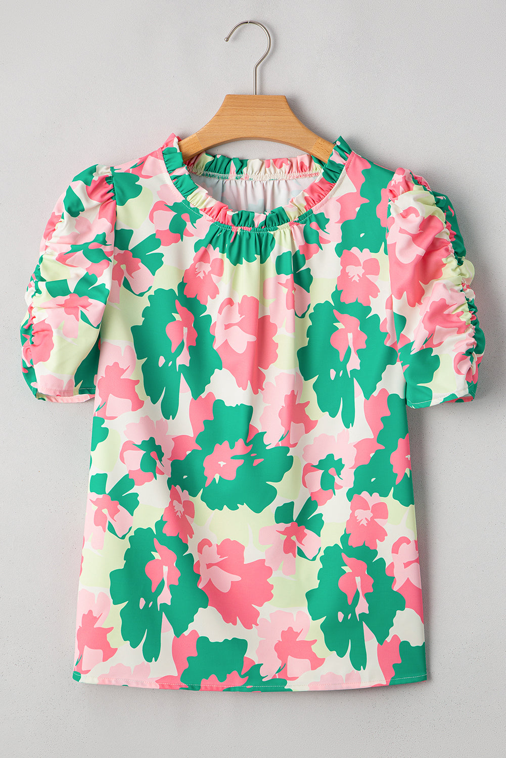 Green Abstract Print Frilly Neck Ruched Blouse