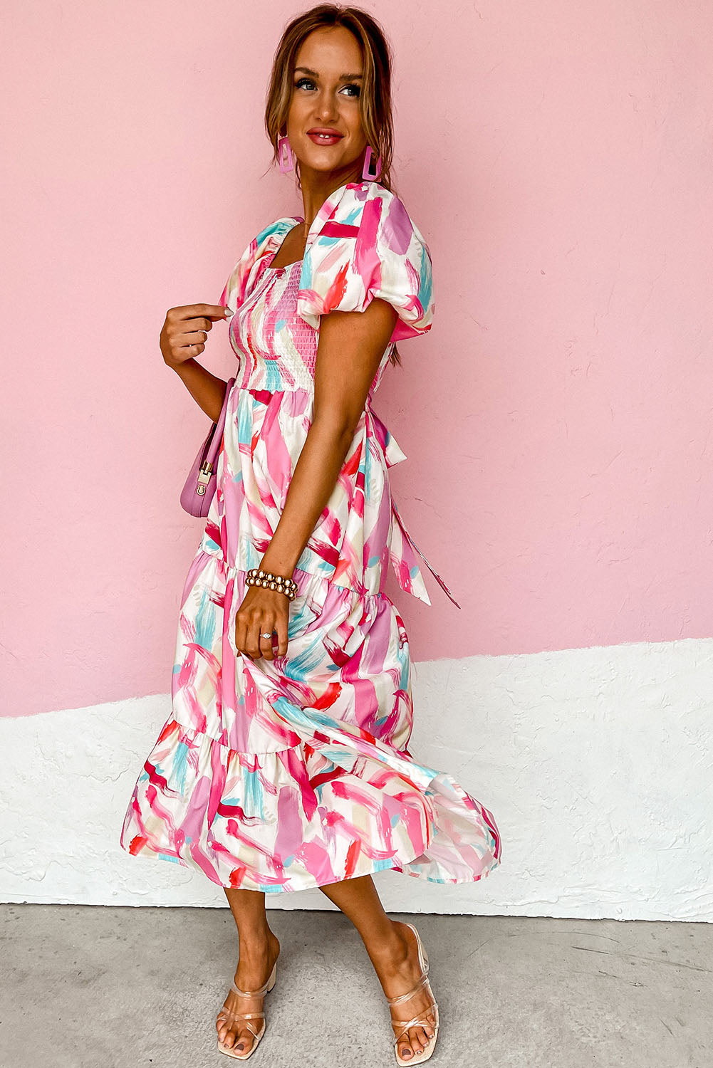 Abstract Print Puff Sleeve Peplum Dress