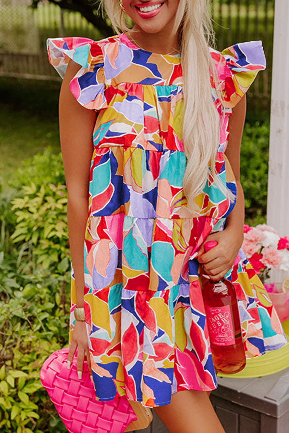Pink Abstract Printed Flutter Sleeve Mini Dress