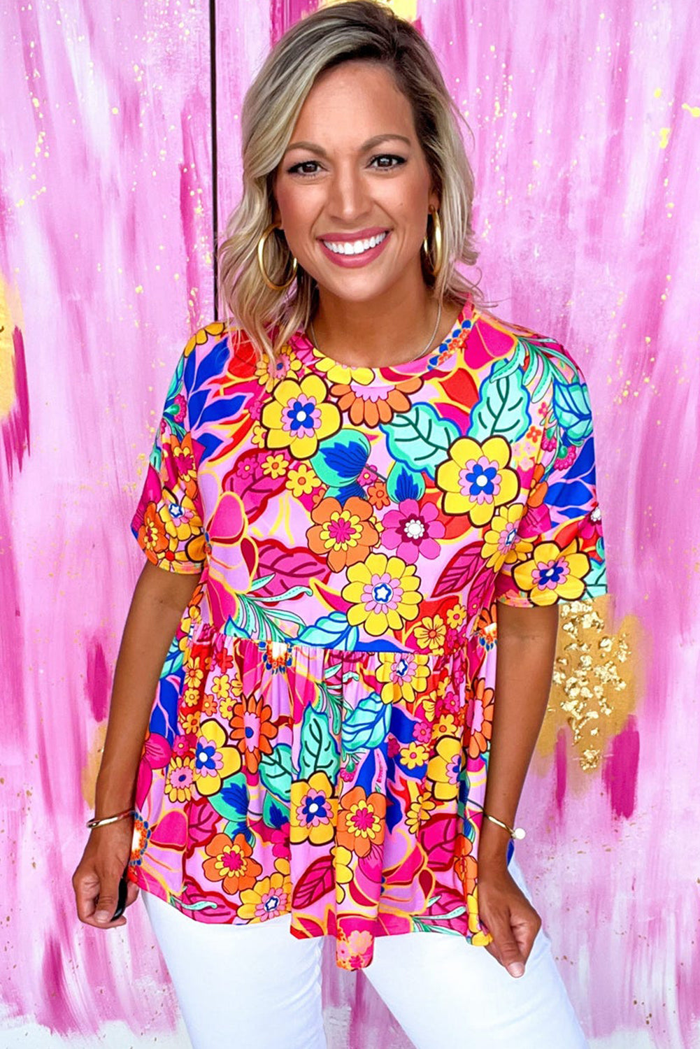 Floral Print Short Sleeve Pleated Babydoll Top