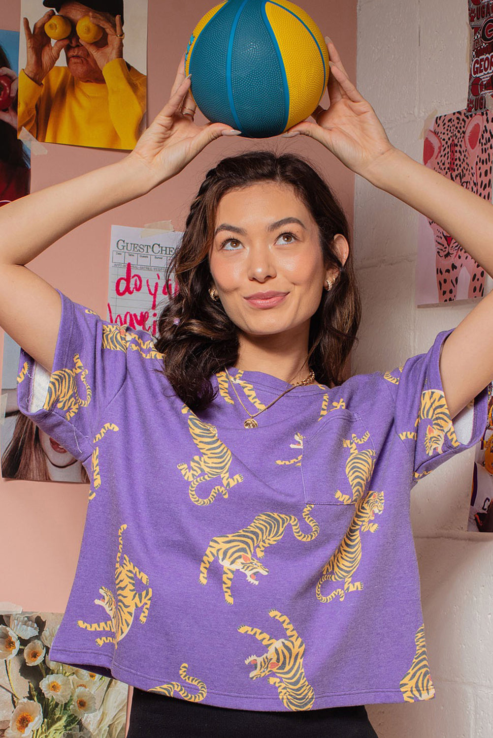 Purple Tiger Printed Patch Pocket Loose T Shirt