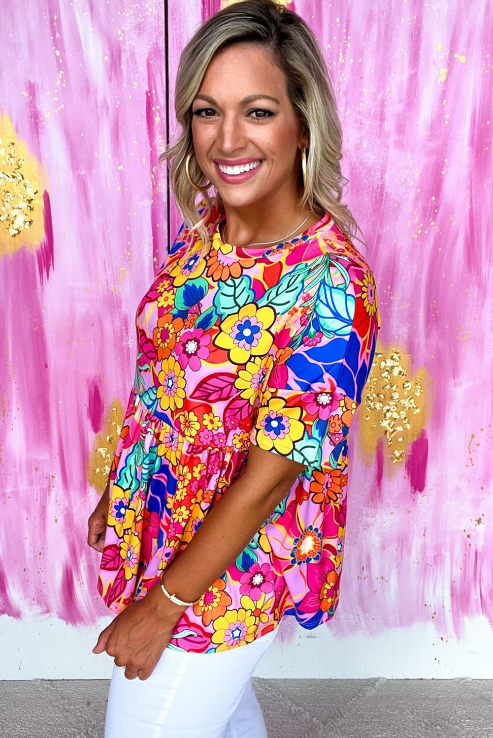 Floral Print Short Sleeve Pleated Babydoll Top