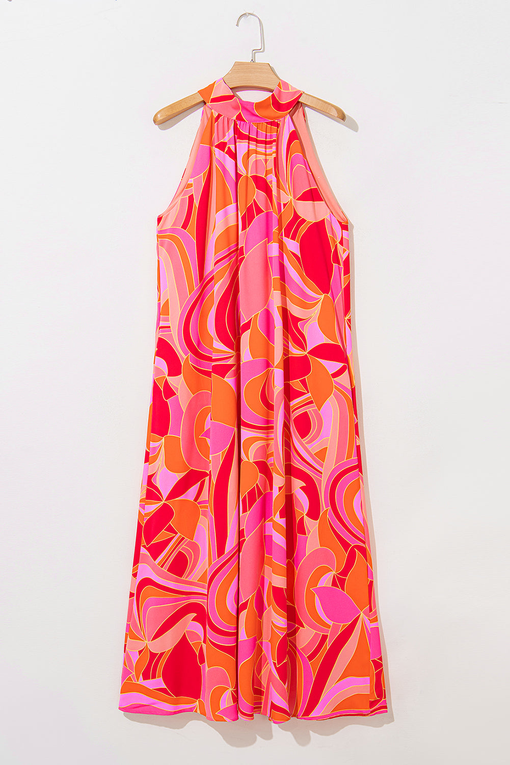 Pink Abstract Printed High Neck Knotted Nape Sleeveless Maxi Dress