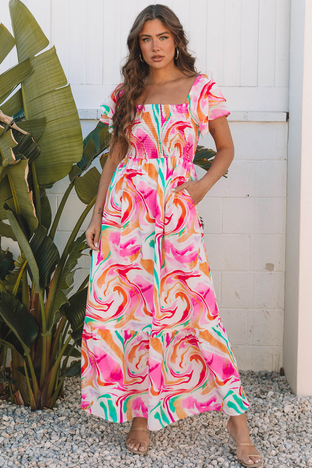 Pink Abstract Print Ruffled Sleeve Smocked Maxi Dress