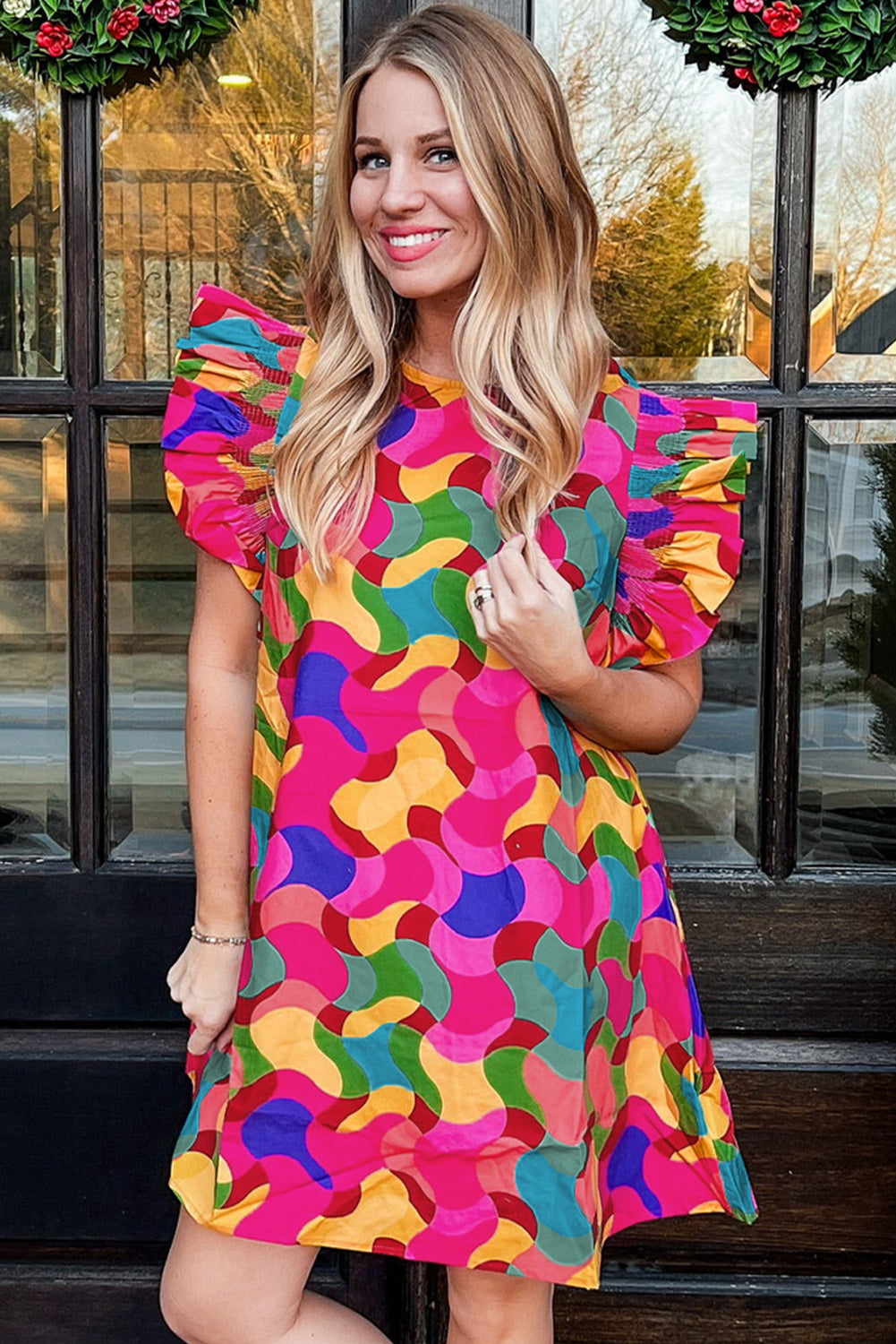 Abstract Print Ruffle Sleeve Shift Dress