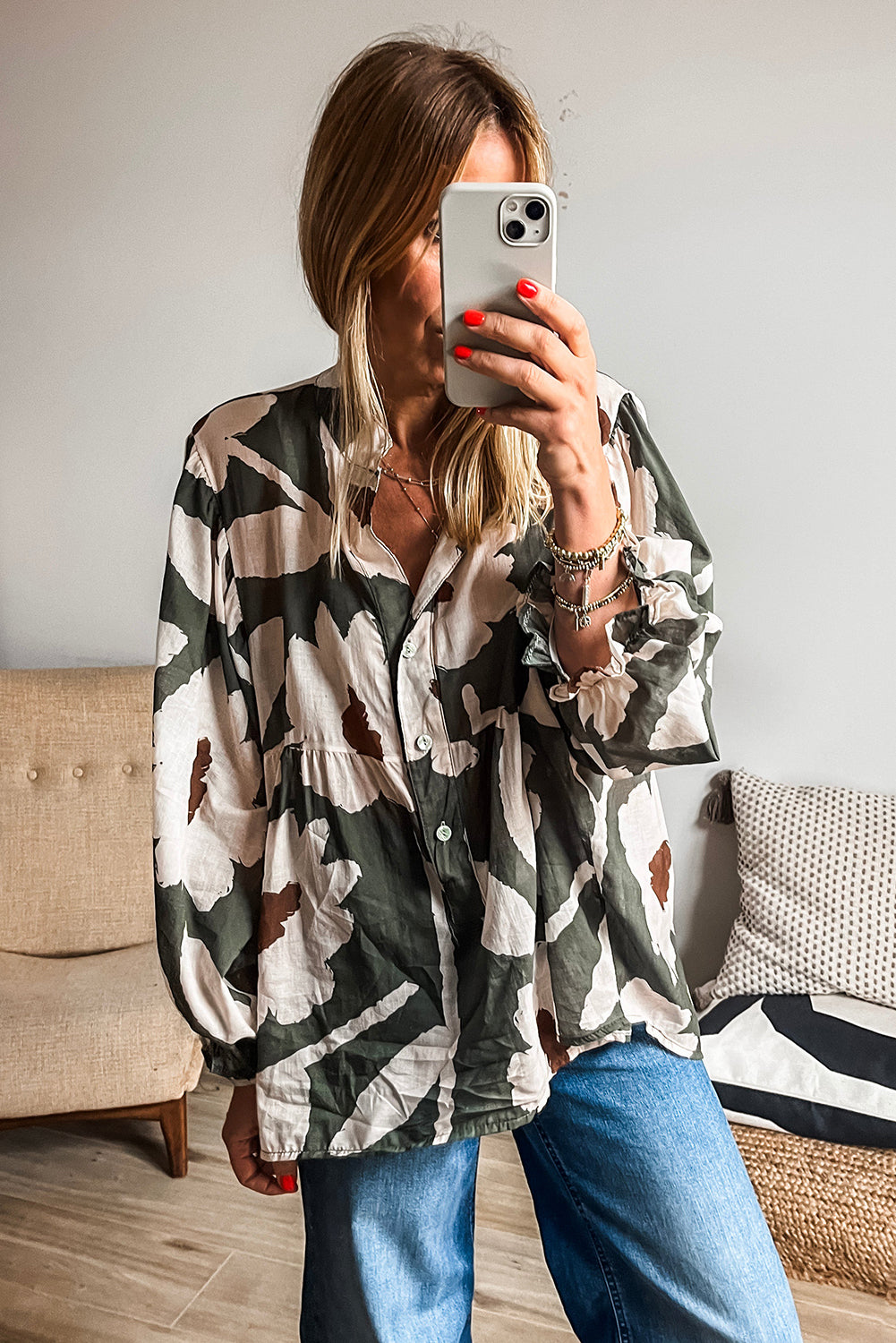 Loose Fit Floral Print Puff Sleeve Blouse