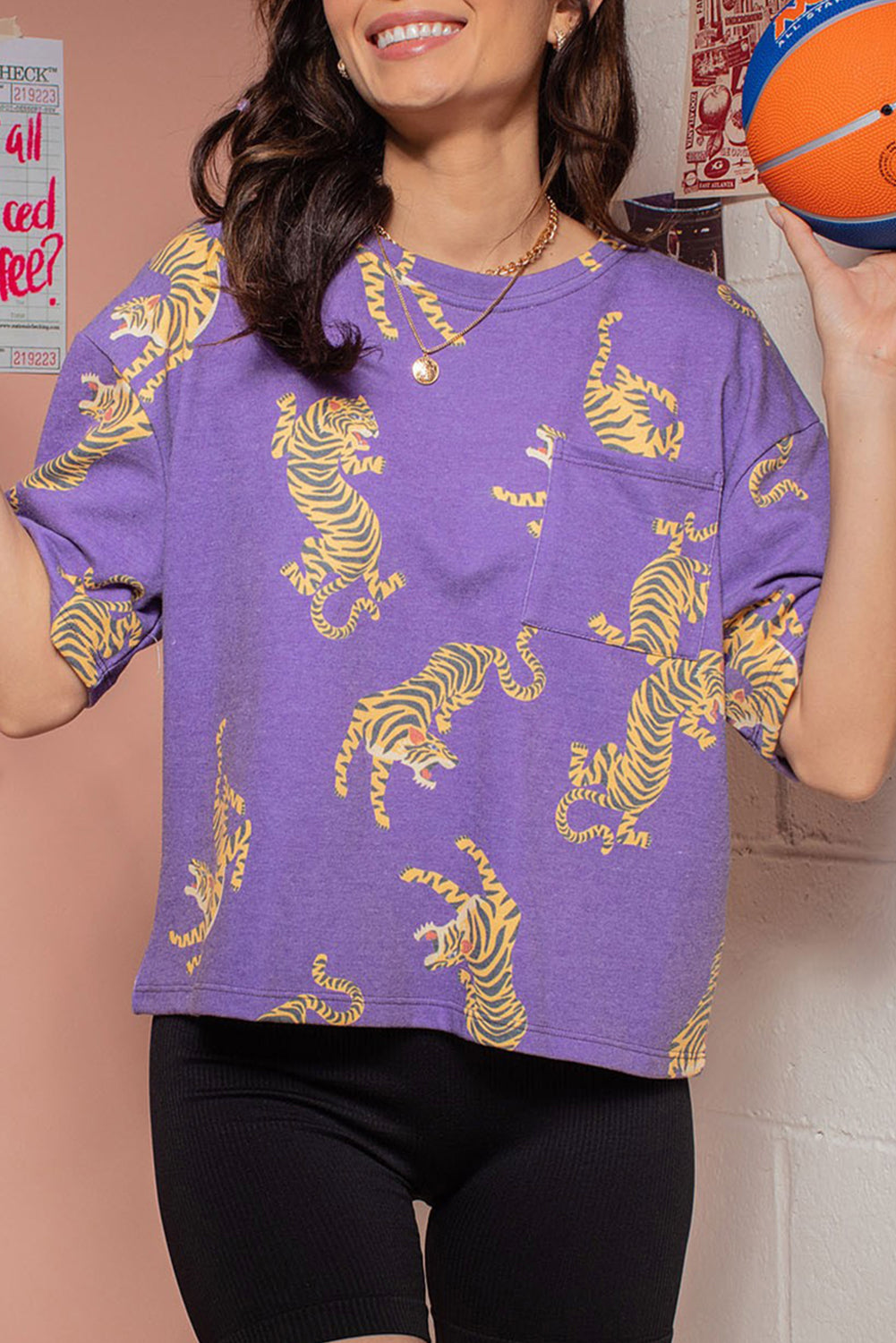 Purple Tiger Printed Patch Pocket Loose T Shirt