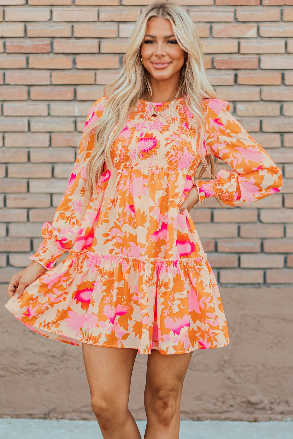 Orange Abstract Smocked Lantern Sleeve Ruffle Mini Dress
