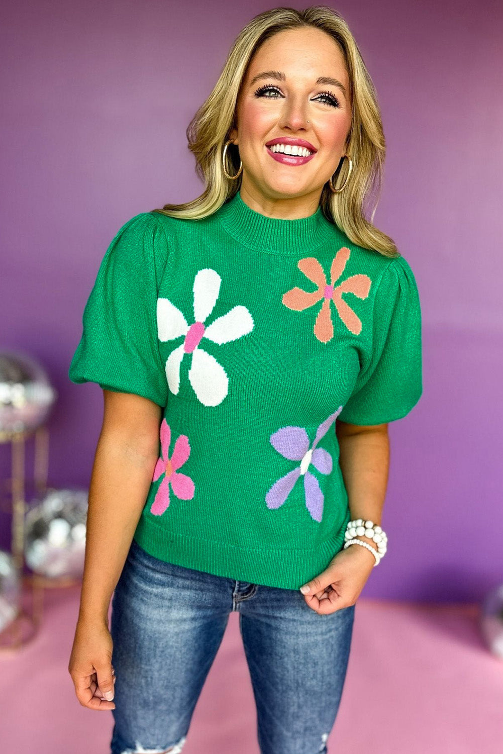Bright Floral Bubble Short Sleeve Sweater