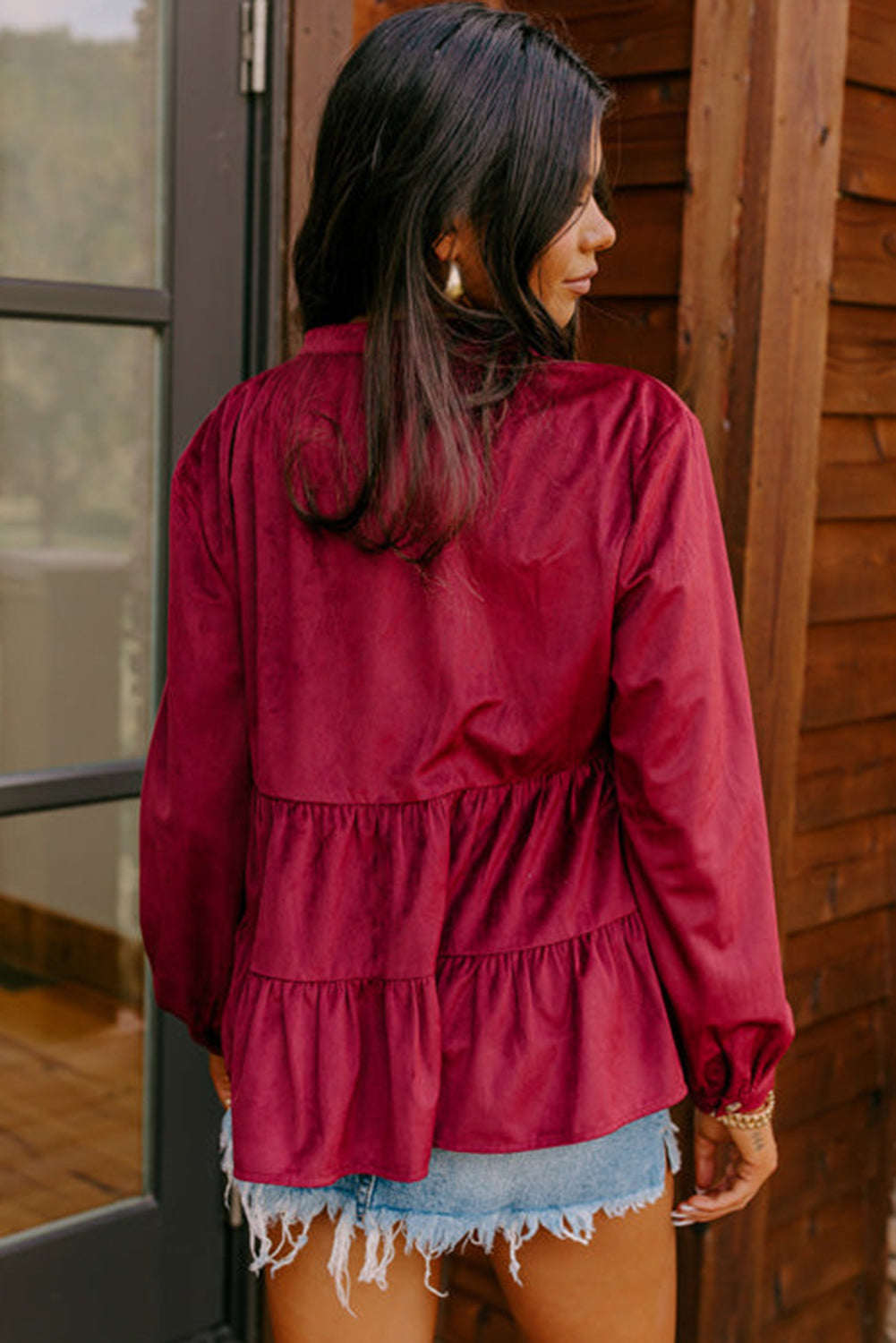 Corduroy Ruffle Tiered Buttoned Shirt