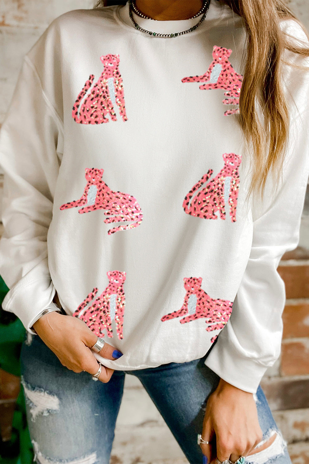 Sequin Cheetah Drop Shoulder Sweatshirt
