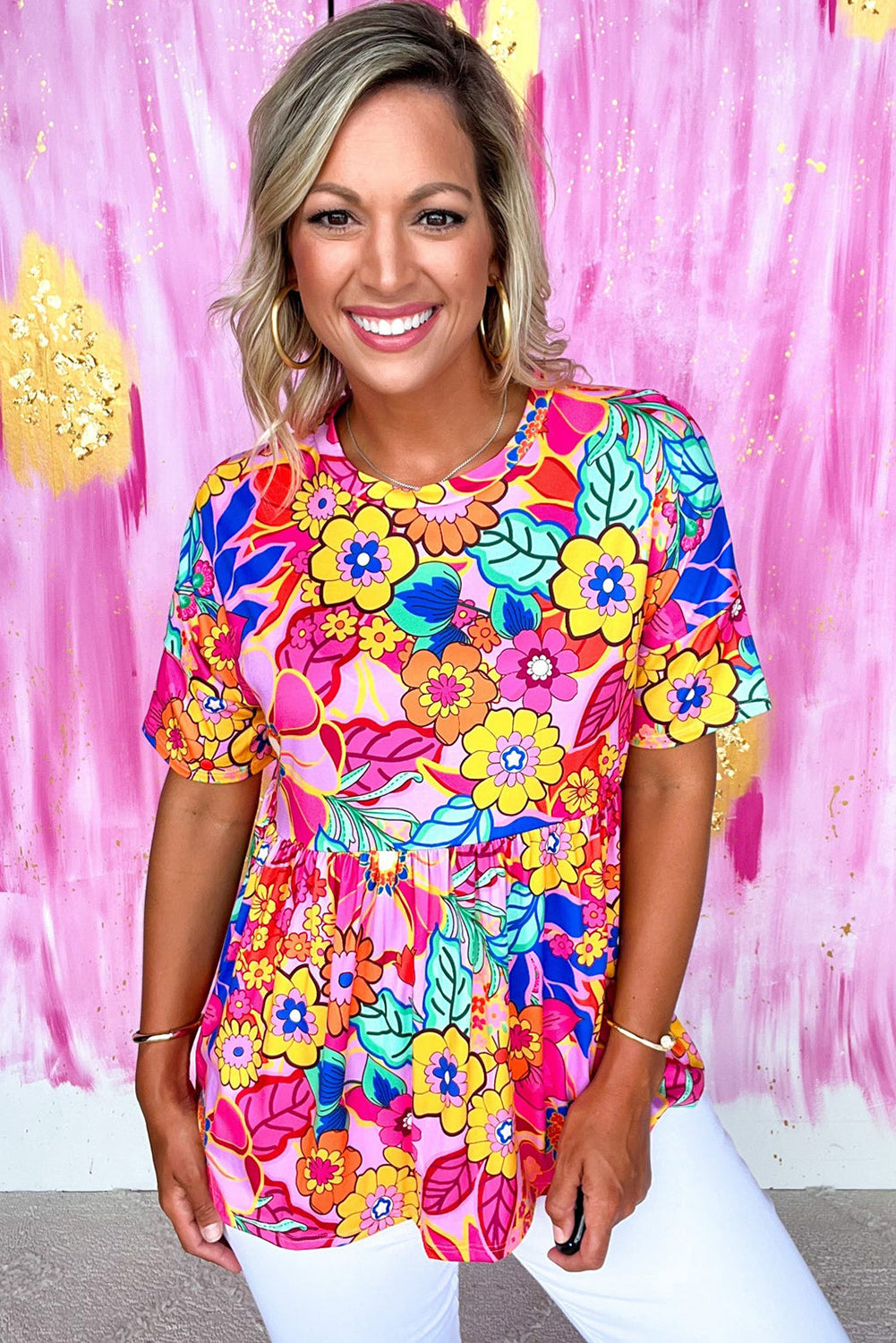 Floral Print Short Sleeve Pleated Babydoll Top