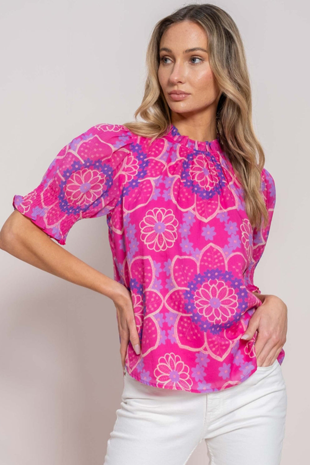 Pink Floral Print Frilled Neck Smocked Puff Sleeve Blouse