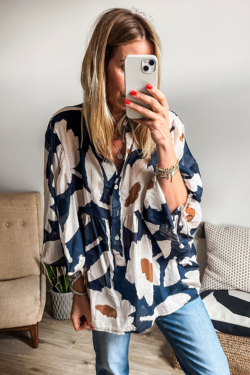 Loose Fit Floral Print Puff Sleeve Blouse