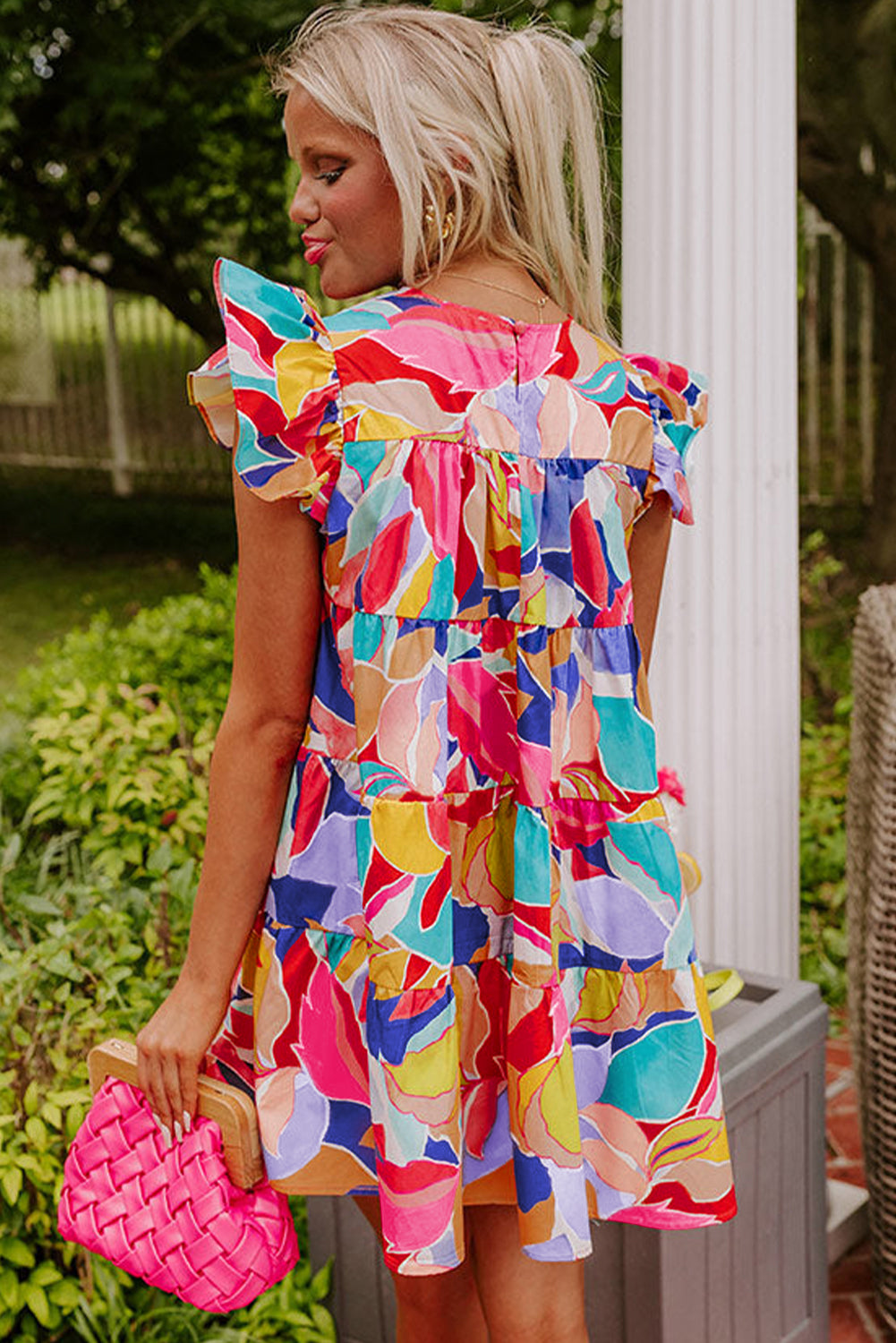 Pink Abstract Printed Flutter Sleeve Mini Dress