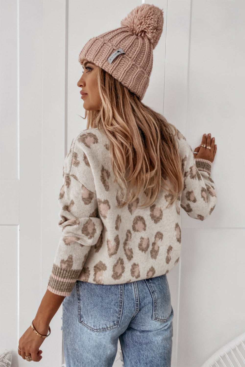 Brown Two-tone Ribbed Trim Leopard Sweater