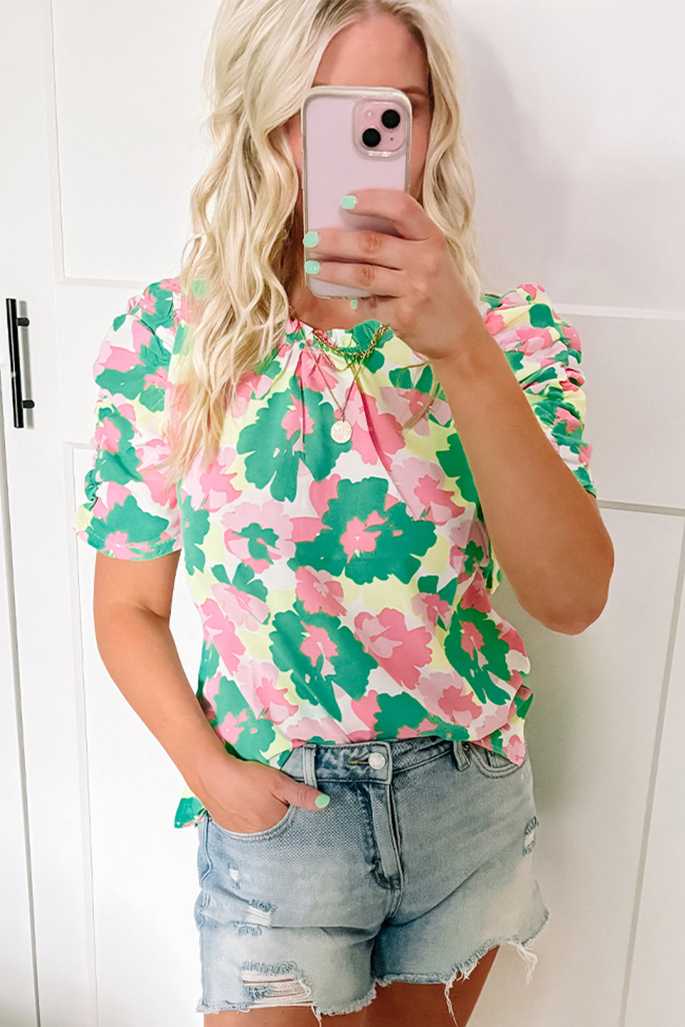 Green Abstract Print Frilly Neck Ruched Blouse