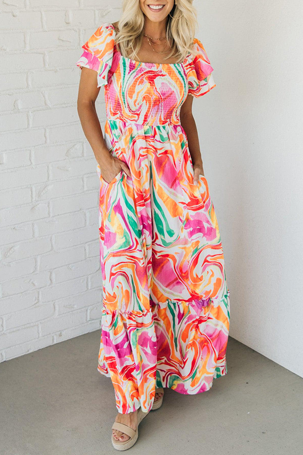 Pink Abstract Print Ruffled Sleeve Smocked Maxi Dress