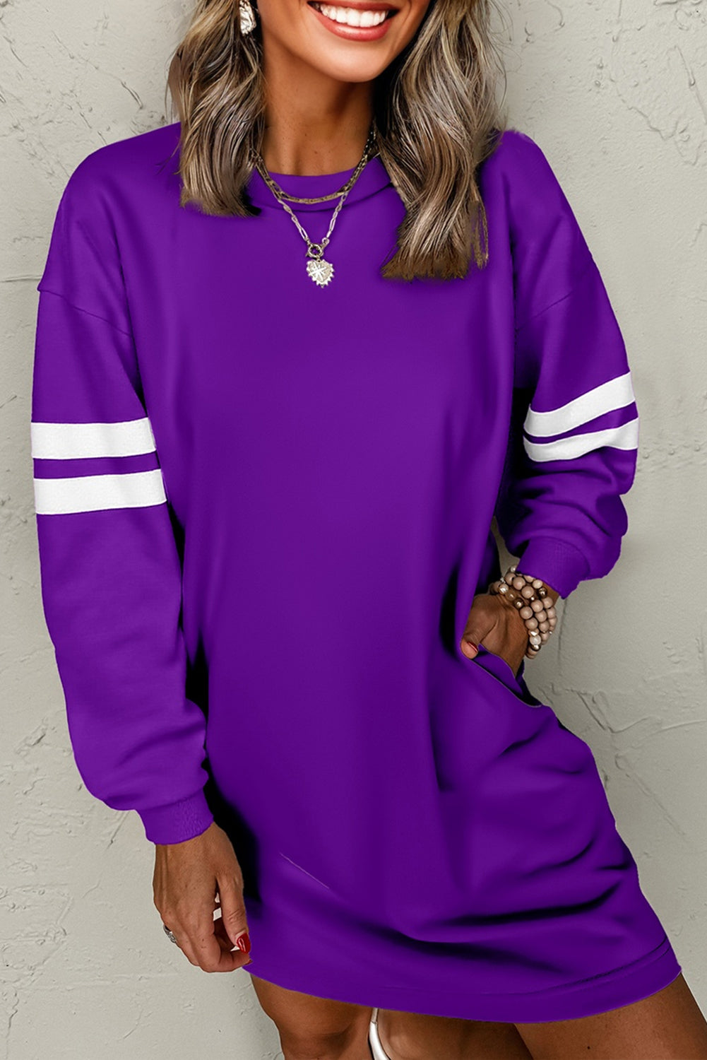 purple long sleeve shift dress Varsity Banded Sleeve Shift Sweatshirt Dress – The Charmed Living