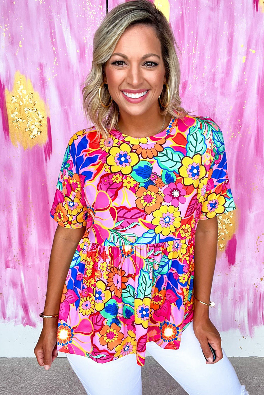 Floral Print Short Sleeve Pleated Babydoll Top