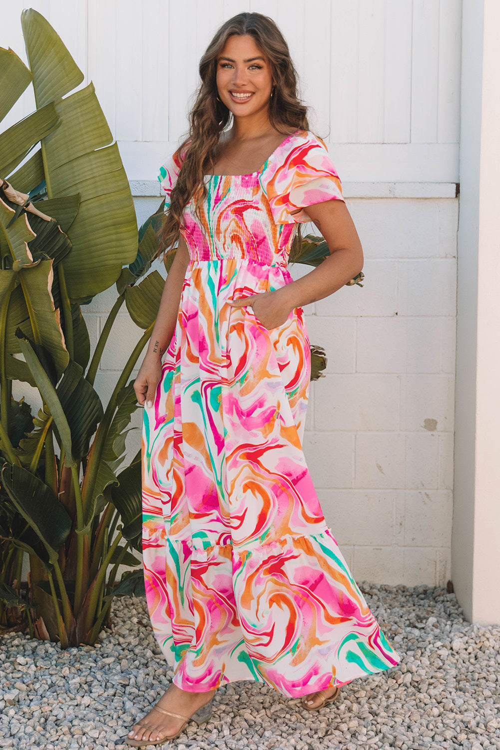Pink Abstract Print Ruffled Sleeve Smocked Maxi Dress