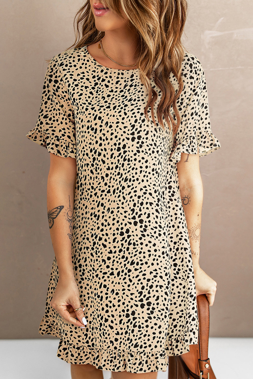 Khaki Frilled Neck 3/4 Sleeves Cheetah Blouse
