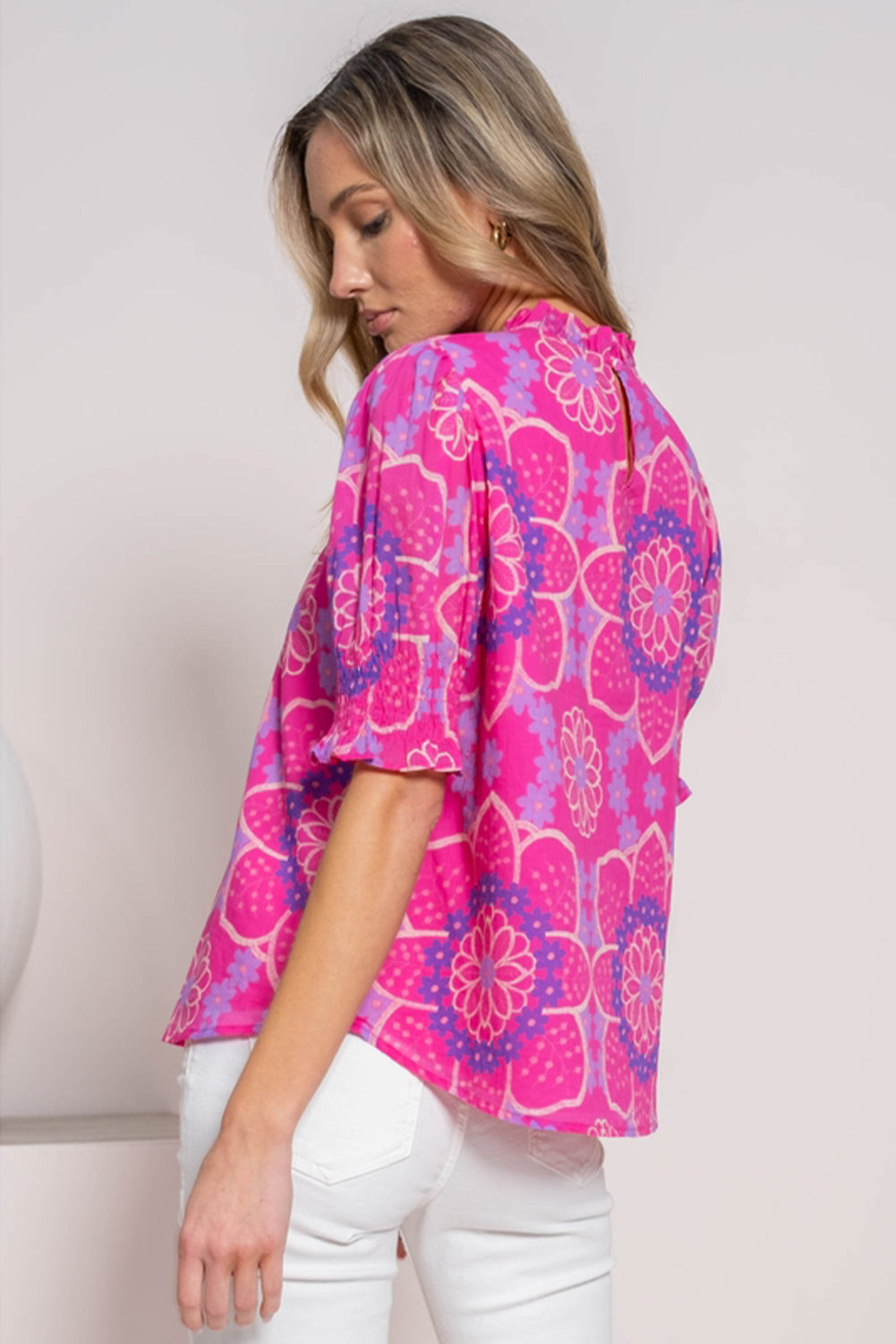 Pink Floral Print Frilled Neck Smocked Puff Sleeve Blouse