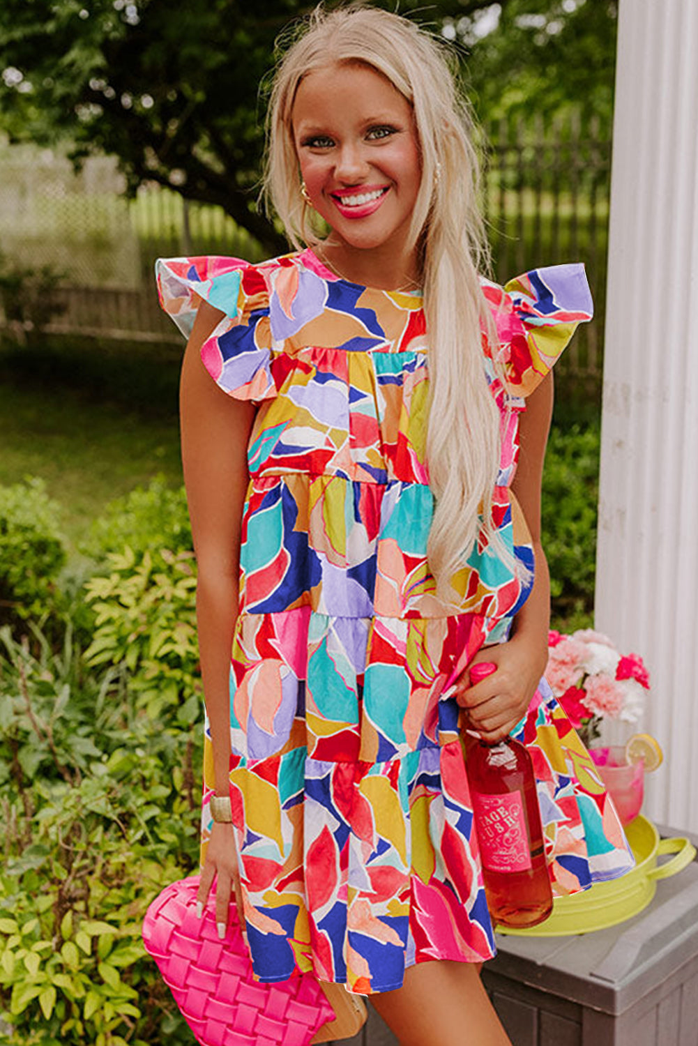 Pink Abstract Printed Flutter Sleeve Mini Dress