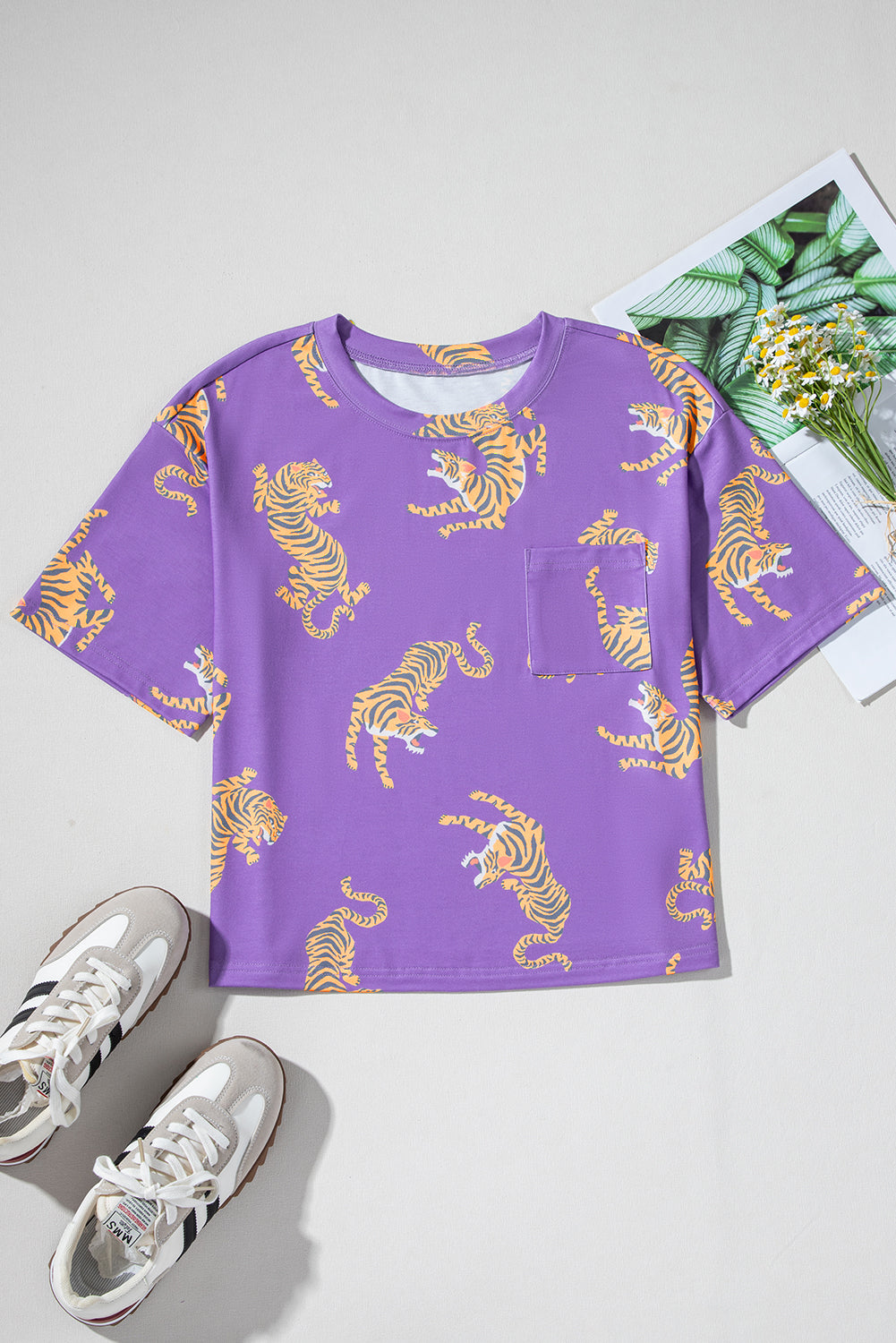Purple Tiger Printed Patch Pocket Loose T Shirt
