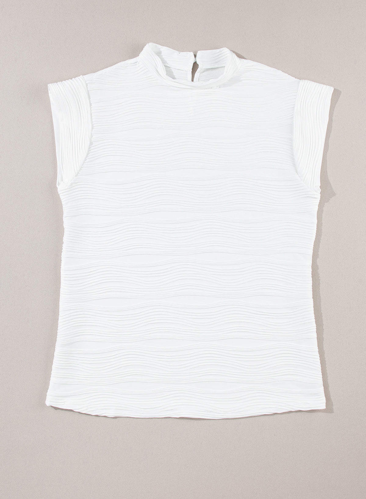 Dark Green Wavy Textured Mock Neck Cap Sleeve Top