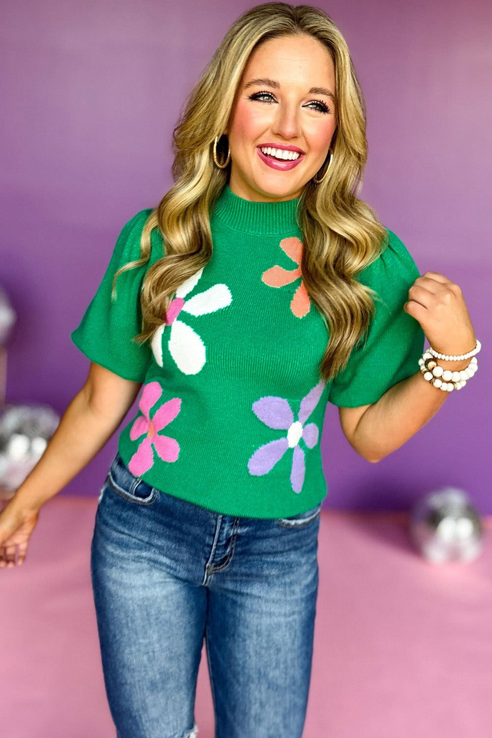 Bright Floral Bubble Short Sleeve Sweater