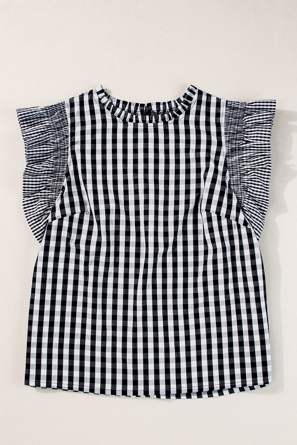 Checkered Ruffled Sleeve Frilled Neck Blouse