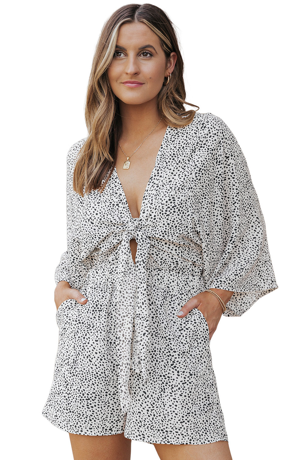 Khaki Frilled Neck 3/4 Sleeves Cheetah Blouse