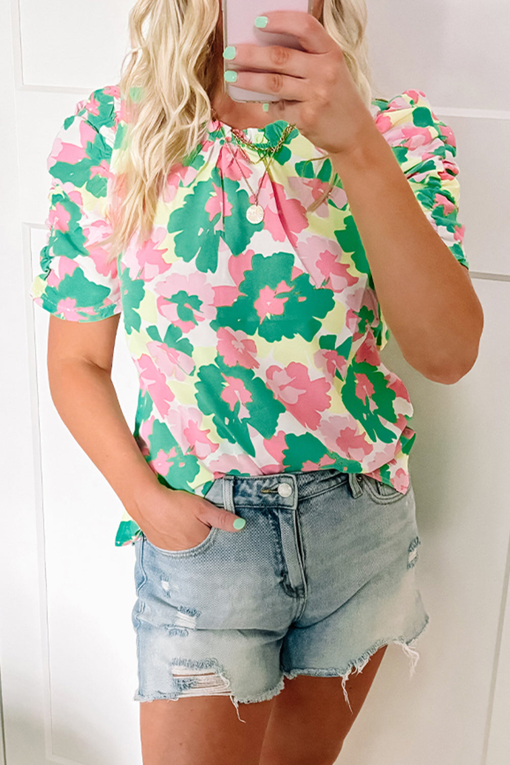 Green Abstract Print Frilly Neck Ruched Blouse