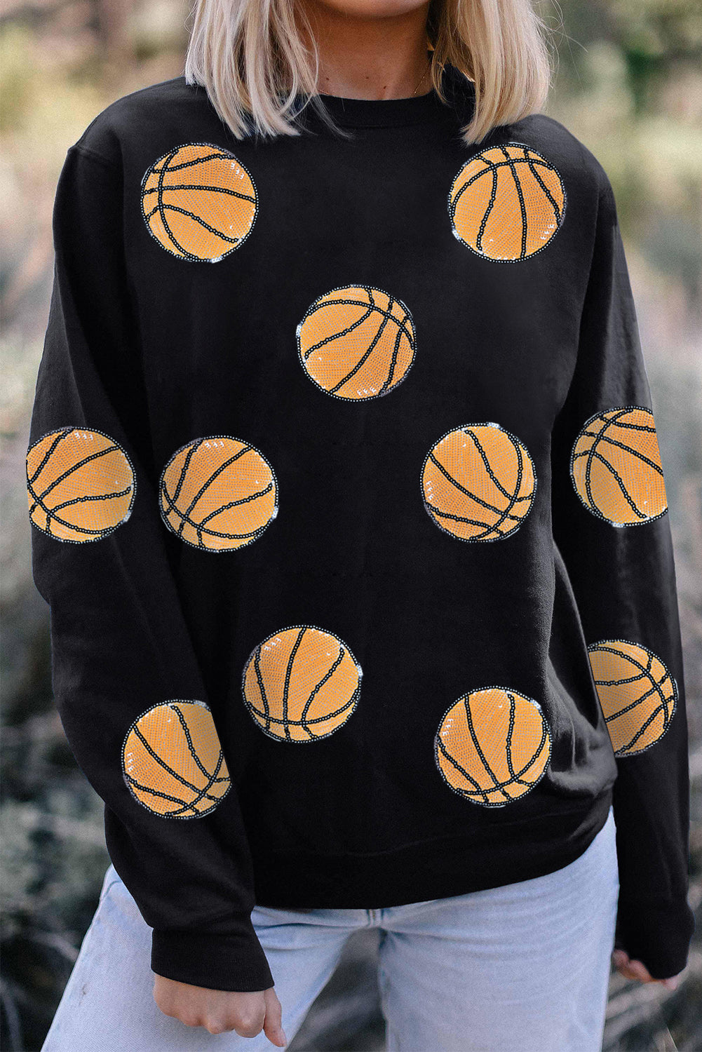 Black Sequin Basketball Patched Sweatshirt