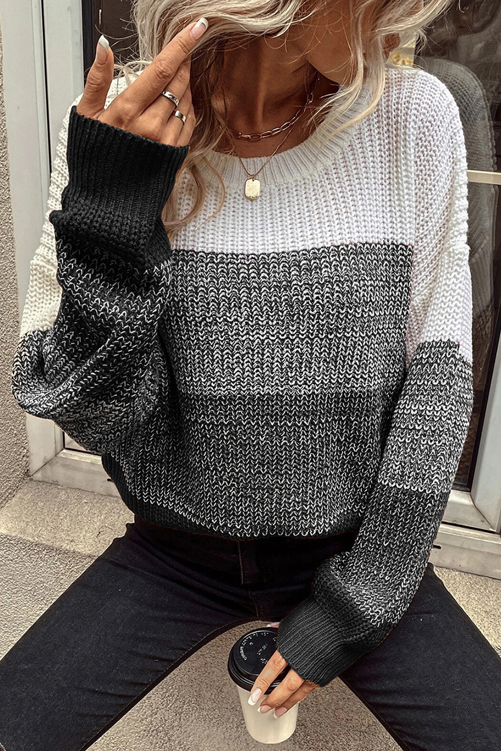 Color Block Drop Shoulder Ribbed Trim Sweater