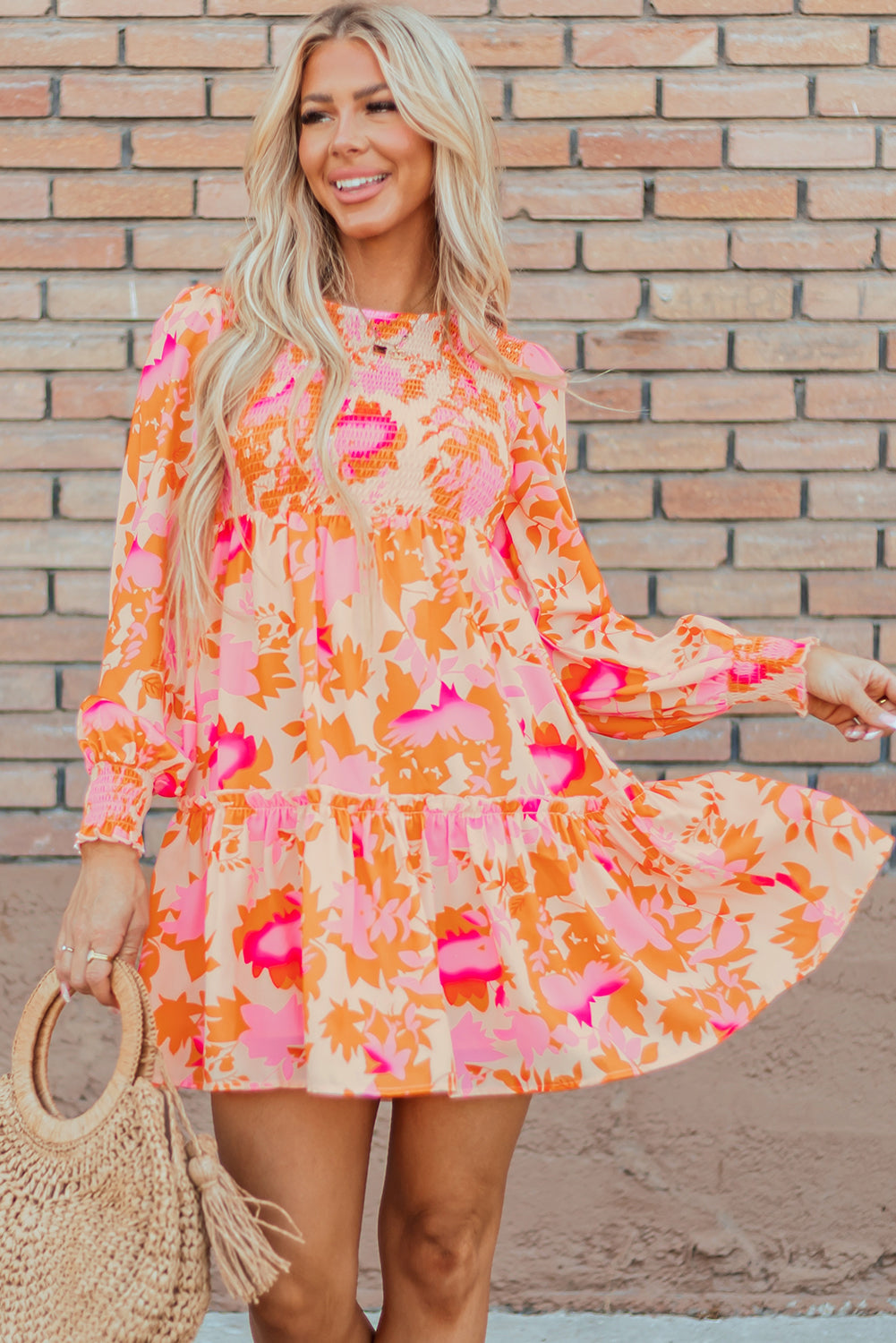Orange Abstract Smocked Lantern Sleeve Ruffle Mini Dress
