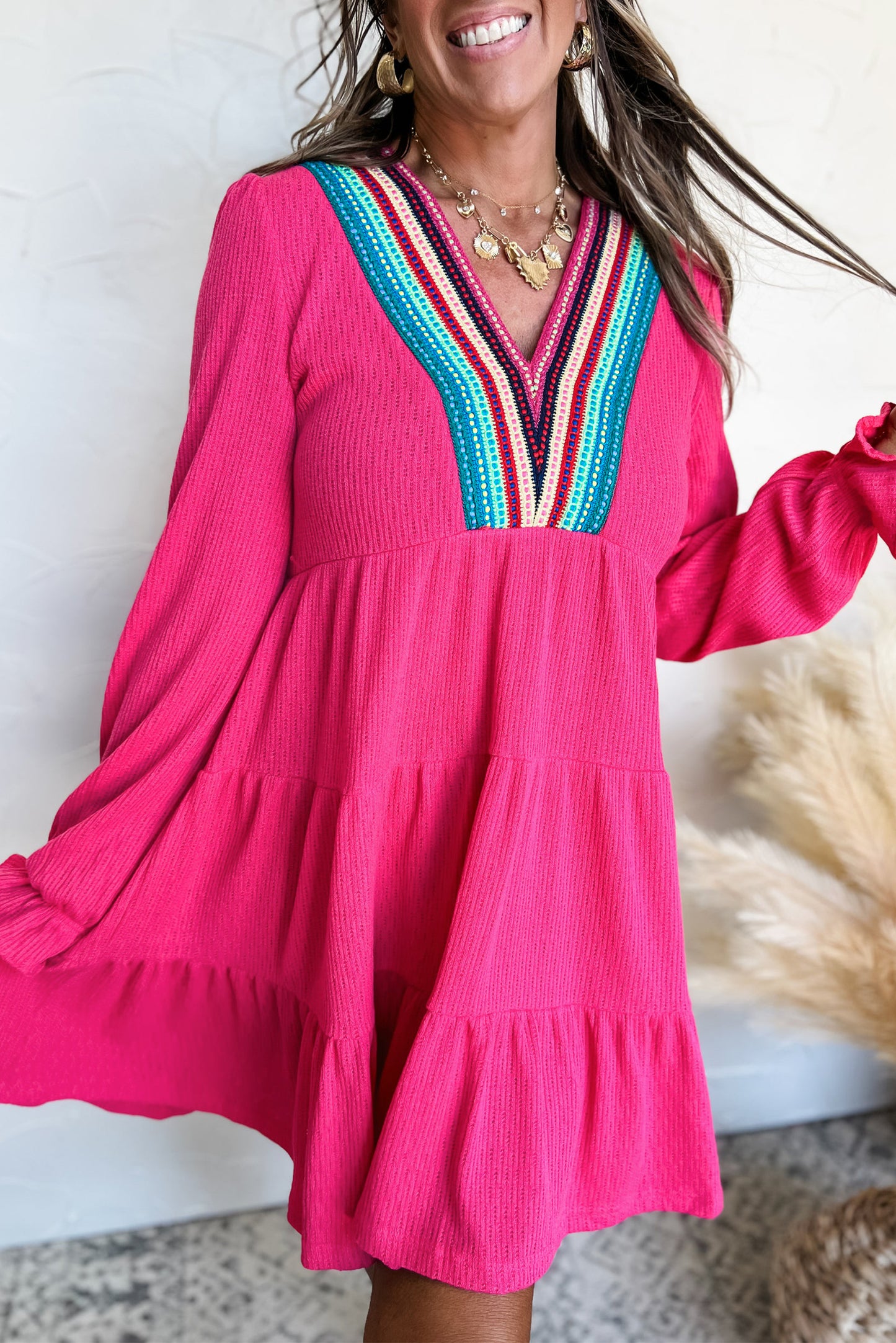 Pink Crochet V Neck Tiered Ruffled Mini Dress
