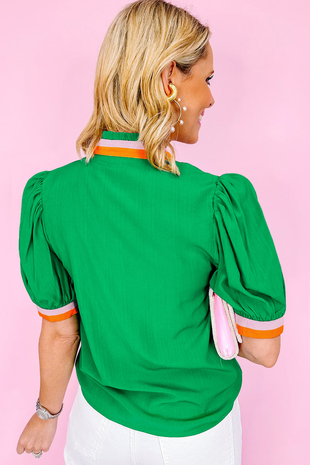 Green Trim V Neck Short Sleeve Blouse