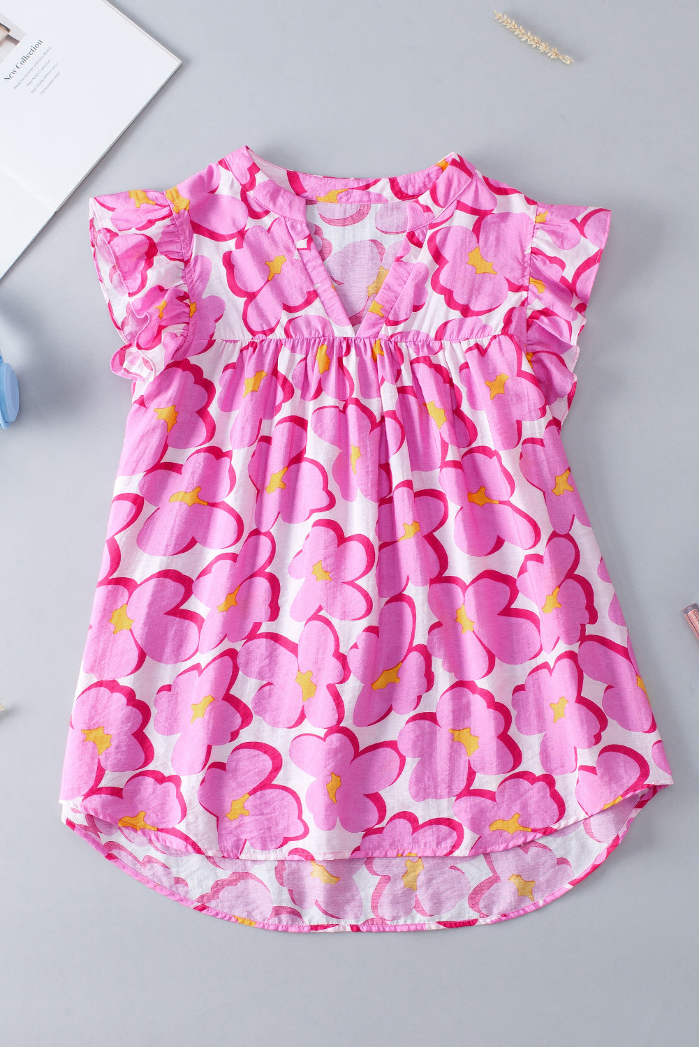 Pink Floral Ruffled Sleeve Babydoll Blouse